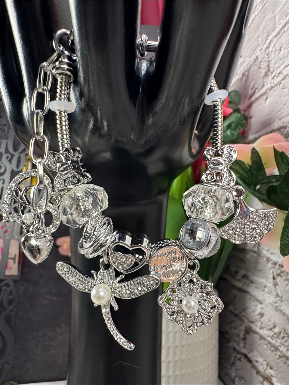 Silver Tone Dragonfly & Crystal Charm Bracelet - Women Jewelry